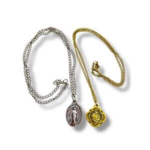Lot of 2 Religious Medal Necklaces Mary St Anthony 20" Chains